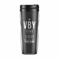 Thumbnail for Visby Airport (VBY) Travel Mugs - ID Tag + Name - Plastic (No Holder) - Gray