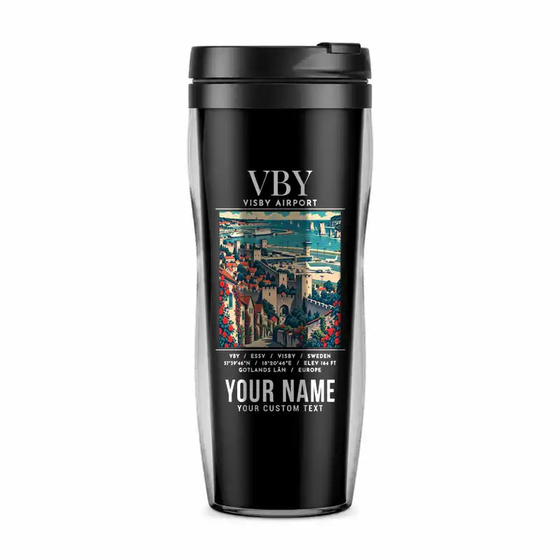 Visby Airport (VBY) Travel Mugs - Poster + Name - Plastic (No Holder) - Black
