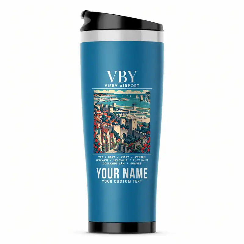 Visby Airport (VBY) Travel Mugs - Poster + Name - Stainless Steel (No Holder) - Light Blue