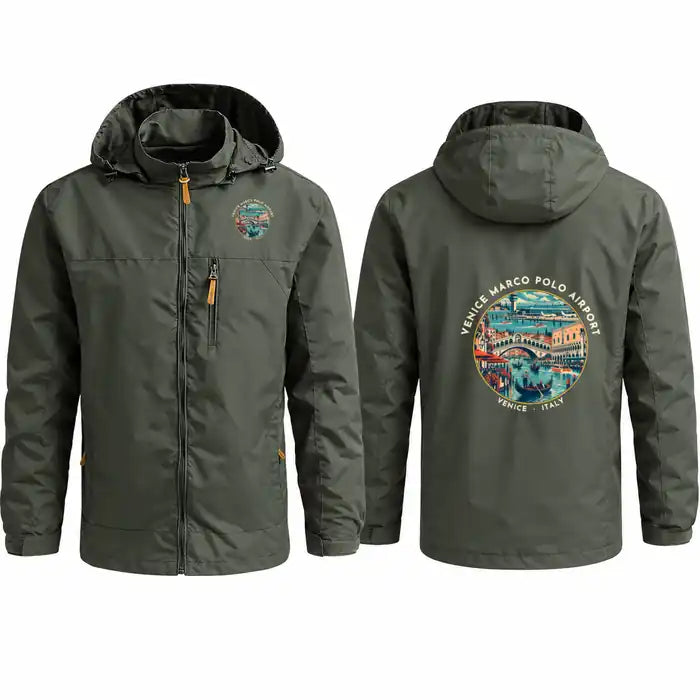 Venice Marco Polo Airport (VCE) Stylish Jackets - Hooded Windbreaker - Badge - Olive Green