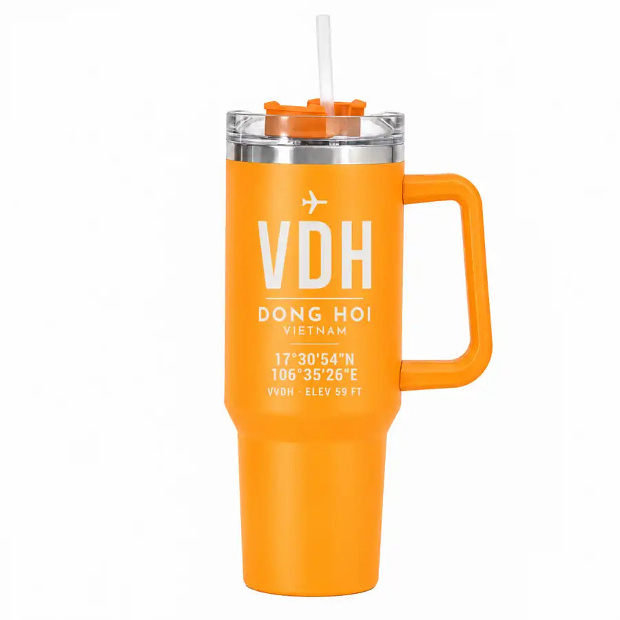 Dong Hoi Airport (VDH) Stainless Steel Mugs - ID Tag - 40oz Car Mug - Orange