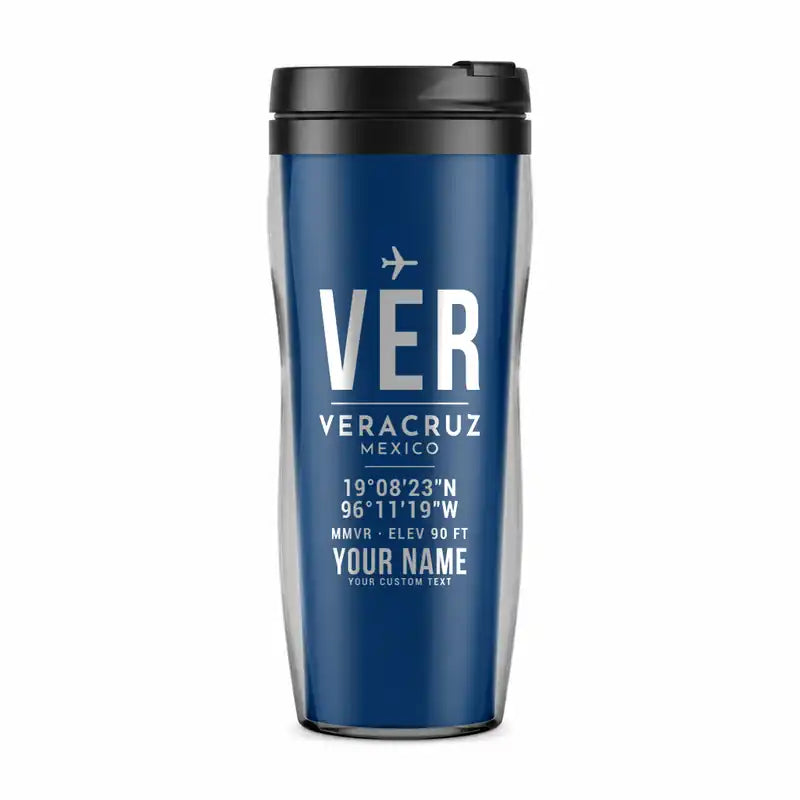 Veracruz International Airport (VER) Travel Mugs - ID Tag + Name - Plastic (No Holder) - Blue