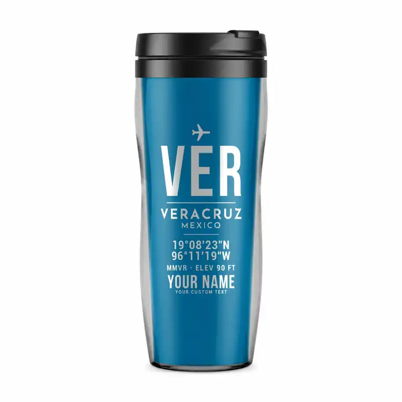 Veracruz International Airport (VER) Travel Mugs - ID Tag + Name - Plastic (No Holder) - Light Blue