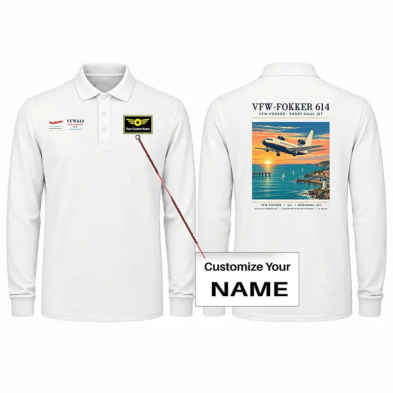 VFW-Fokker 614 Premium Polo T-Shirts - Poster + Name - Long Sleeve - White