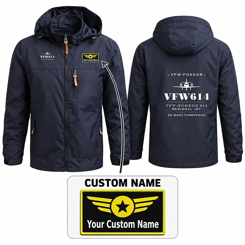 VFW-Fokker 614 Stylish Jackets - Hooded Windbreaker - Heritage + Name - Navy Blue