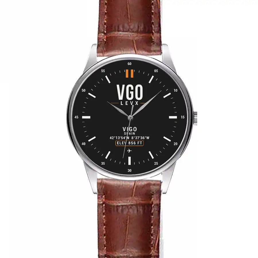 Vigo Airport (VGO) Aviator Watches - Classic - Black - Leather Strap - Striped Brown Leather Strap