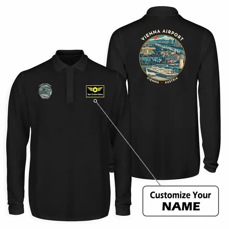 Vienna Airport (VIE) Premium Polo T-Shirts - Badge + Name - Long Sleeve - Black