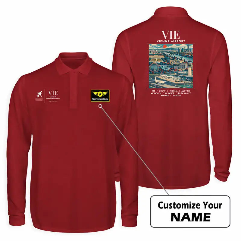 Vienna Airport (VIE) Premium Polo T-Shirts - Poster + Name - Long Sleeve - Dark Red