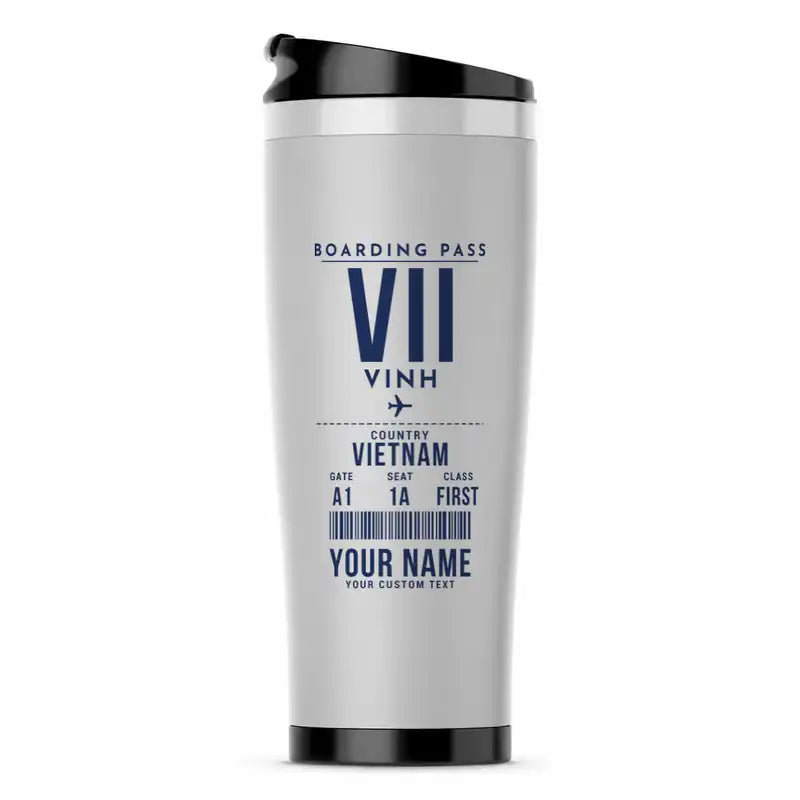 Vinh International Airport (VII) Travel Mugs - Boarding Pass + Name - Stainless Steel (No Holder) - Light Gray