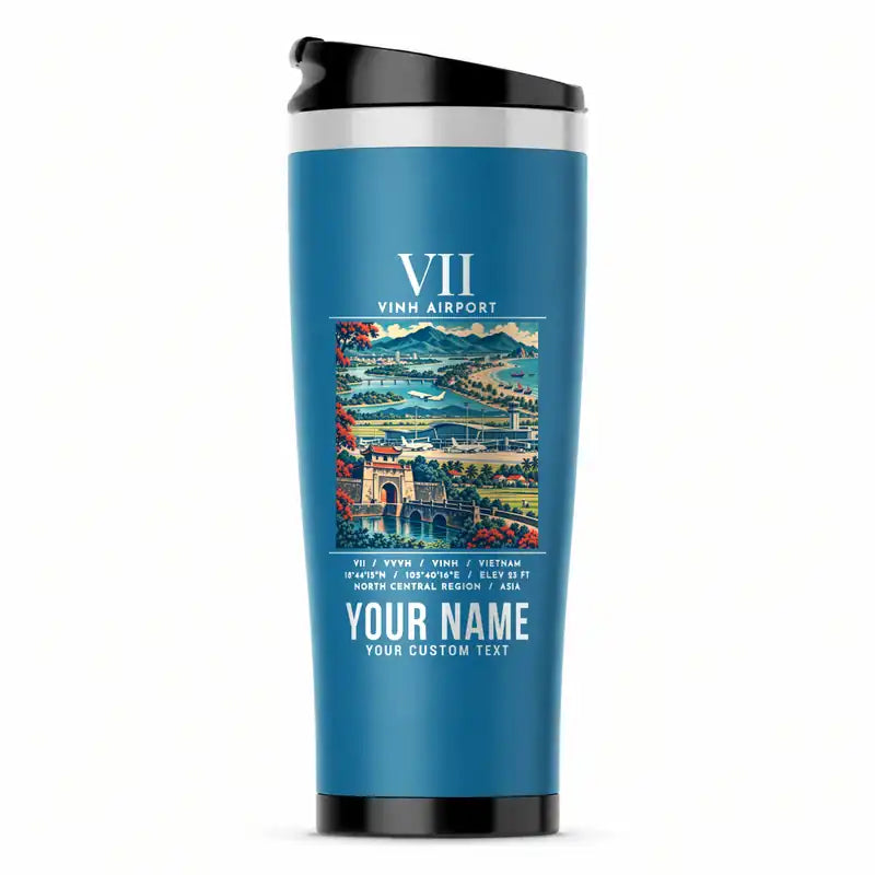 Vinh International Airport (VII) Travel Mugs - Poster + Name - Stainless Steel (No Holder) - Light Blue