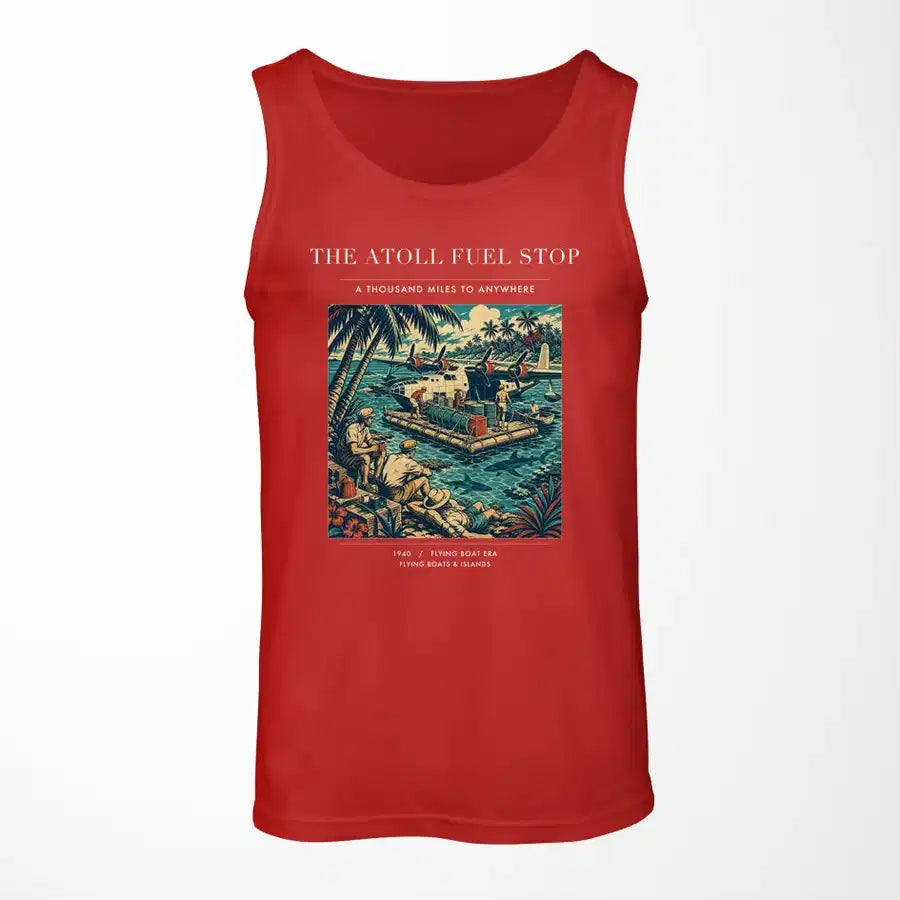 VINTAGE G4069 - The Atoll Fuel Stop - Designed Tank Tops design on red