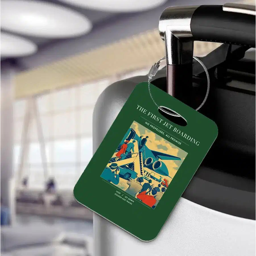 VINTAGE G4228 - The First Jet Boarding - Acrylic Luggage Tags design on darkgreen