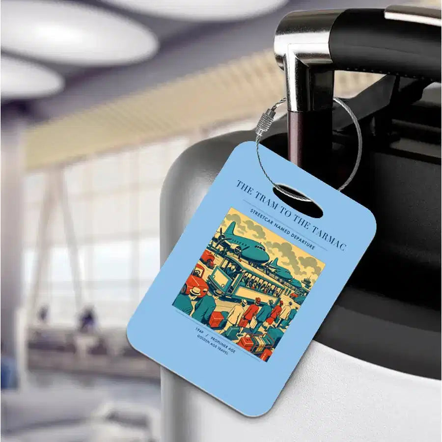 VINTAGE G4372 - The Tram To The Tarmac - Acrylic Luggage Tags design on lightblue