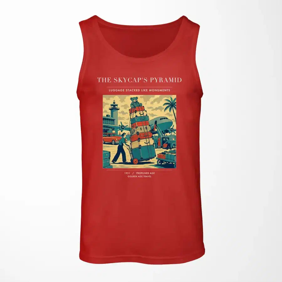 VINTAGE G4379 - The Skycap's Pyramid - Designed Tank Tops design on red