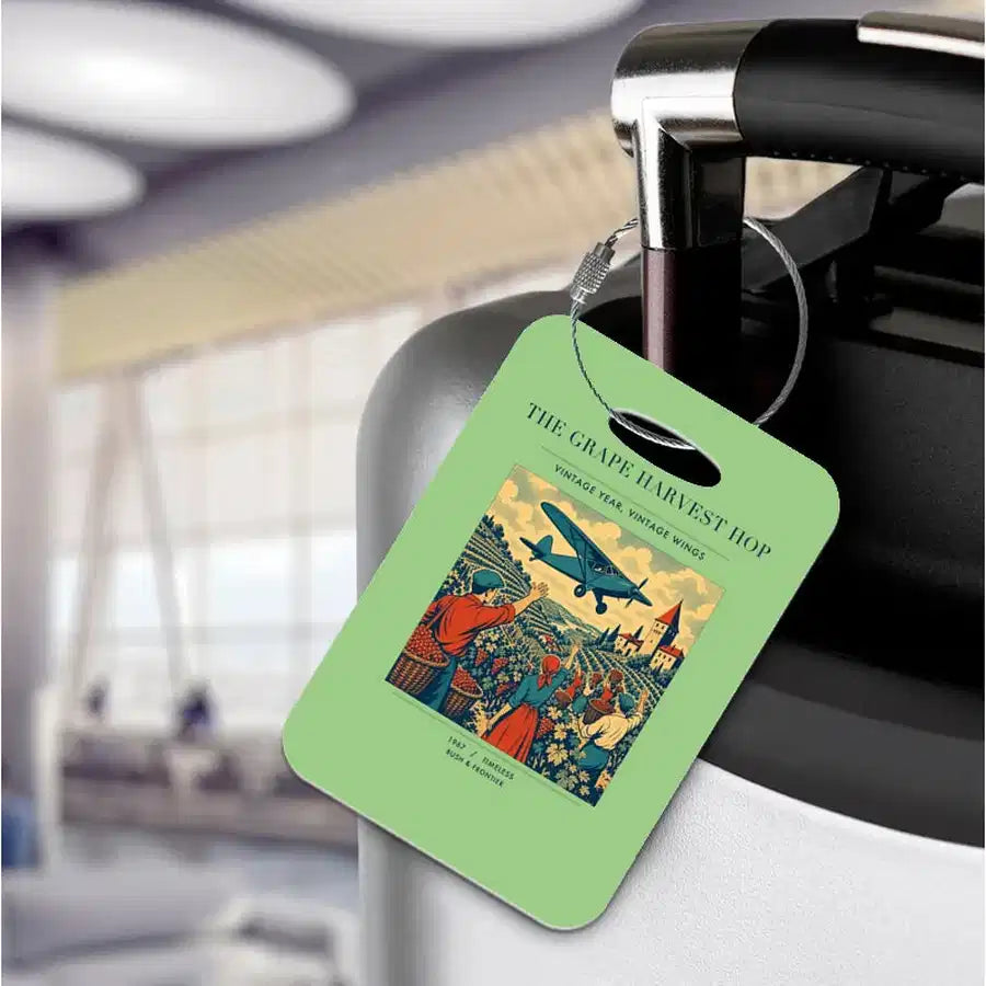 VINTAGE G4445 - The Grape Harvest Hop - Acrylic Luggage Tags design on lightgreen