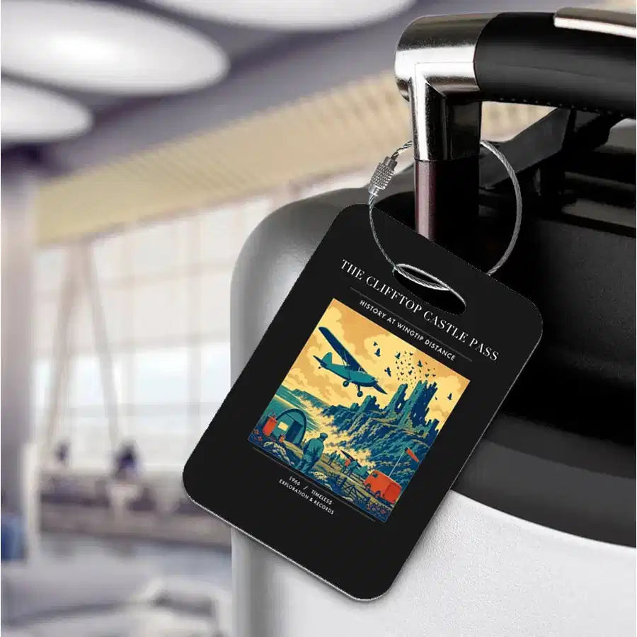 VINTAGE G4447 - The Clifftop Castle Pass - Acrylic Luggage Tags design on black