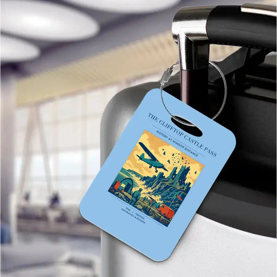 VINTAGE G4447 - The Clifftop Castle Pass - Acrylic Luggage Tags design on lightblue