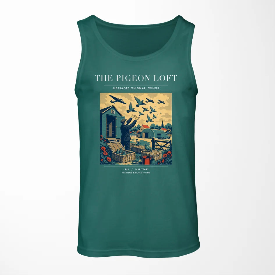 VINTAGE G4526 - The Pigeon Loft - Designed Tank Tops design on green