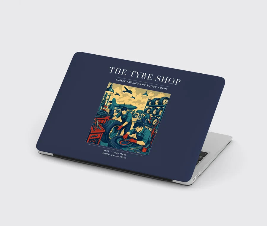 VINTAGE G4535 - The Tyre Shop - Designed MacBook Cases design on navyblue