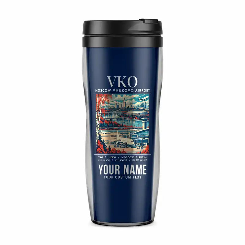 Moscow Vnukovo International Airport (VKO) Travel Mugs - Poster + Name - Plastic (No Holder) - Dark Blue