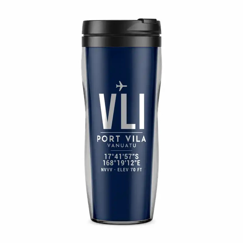 Bauerfield International Airport (VLI) Travel Mugs - ID Tag - Plastic (No Holder) - Dark Blue