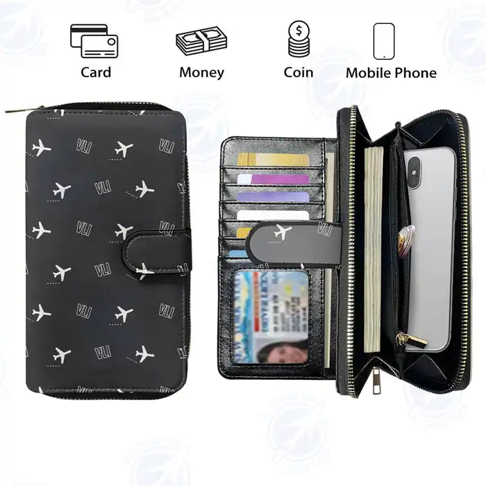 Bauerfield International Airport (VLI) Leather Wallets - Zip Long Wallet - Pattern - Black