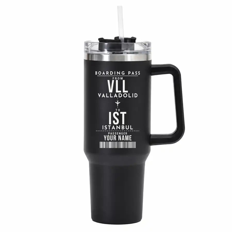 Valladolid Airport (VLL) Stainless Steel Mugs - Customizable Boarding Pass - 40oz Car Mug - Black