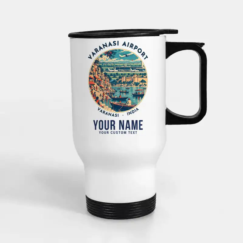Lal Bahadur Shastri International Airport (VNS) Travel Mugs - Badge + Name - Stainless Steel with Holder - White