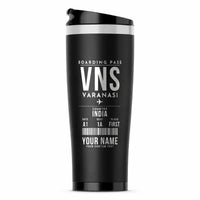 Thumbnail for Lal Bahadur Shastri International Airport (VNS) Travel Mugs - Boarding Pass + Name - Stainless Steel (No Holder) - Black