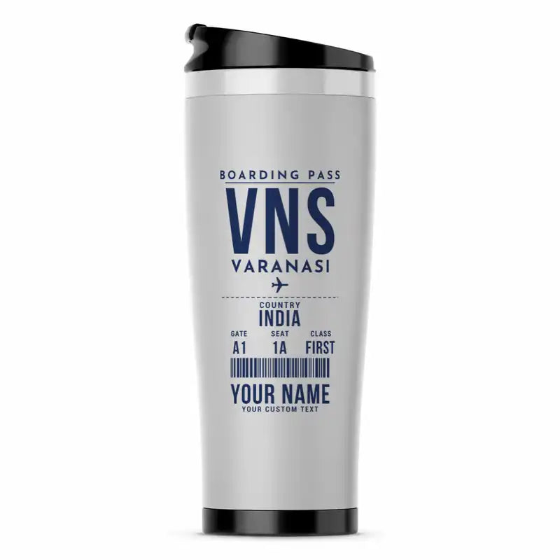 Lal Bahadur Shastri International Airport (VNS) Travel Mugs - Boarding Pass + Name - Stainless Steel (No Holder) - Light Gray