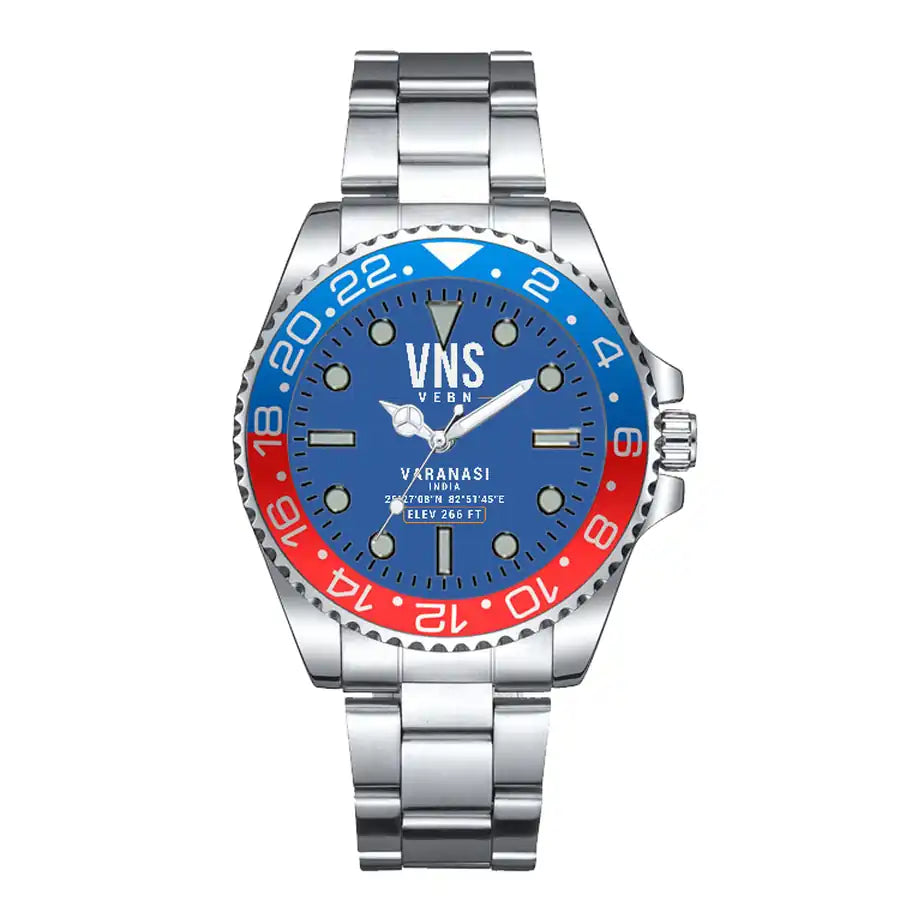Lal Bahadur Shastri International Airport (VNS) Aviator Watches - Classic - Blue - Premium Diver - Blue & Red