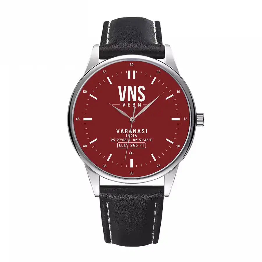 Lal Bahadur Shastri International Airport (VNS) Aviator Watches - Classic - Dark Red - Leather Strap - Black Leather Strap