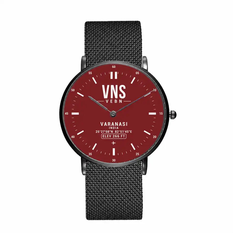 Lal Bahadur Shastri International Airport (VNS) Aviator Watches - Classic - Dark Red - Slim Mesh - Black & Stainless Steel Strap