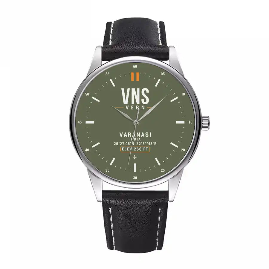 Lal Bahadur Shastri International Airport (VNS) Aviator Watches - Classic - Green Army - Leather Strap - Black Leather Strap