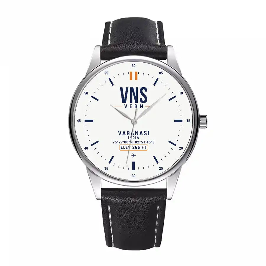 Lal Bahadur Shastri International Airport (VNS) Aviator Watches - Classic - White - Leather Strap - Black Leather Strap