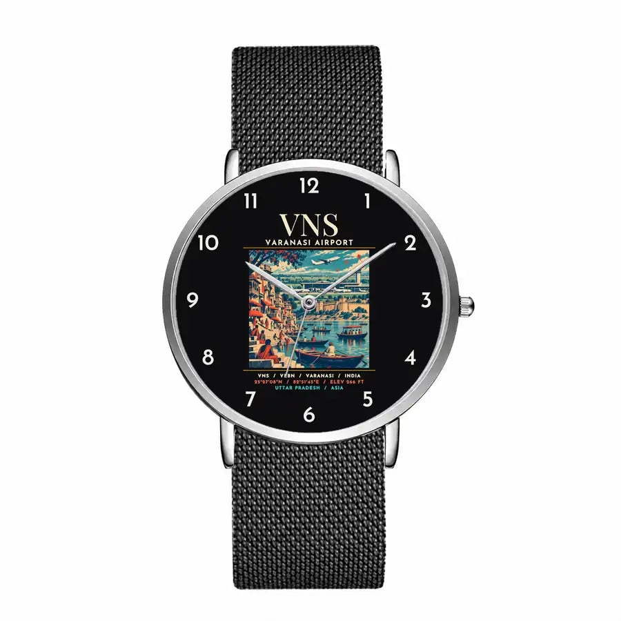 Lal Bahadur Shastri International Airport (VNS) Aviator Watches - Poster - Slim Mesh - Silver & Black Stainless Steel Strap