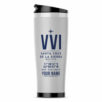 Thumbnail for Viru Viru International Airport (VVI) Travel Mugs - ID Tag + Name - Stainless Steel (No Holder) - Light Gray