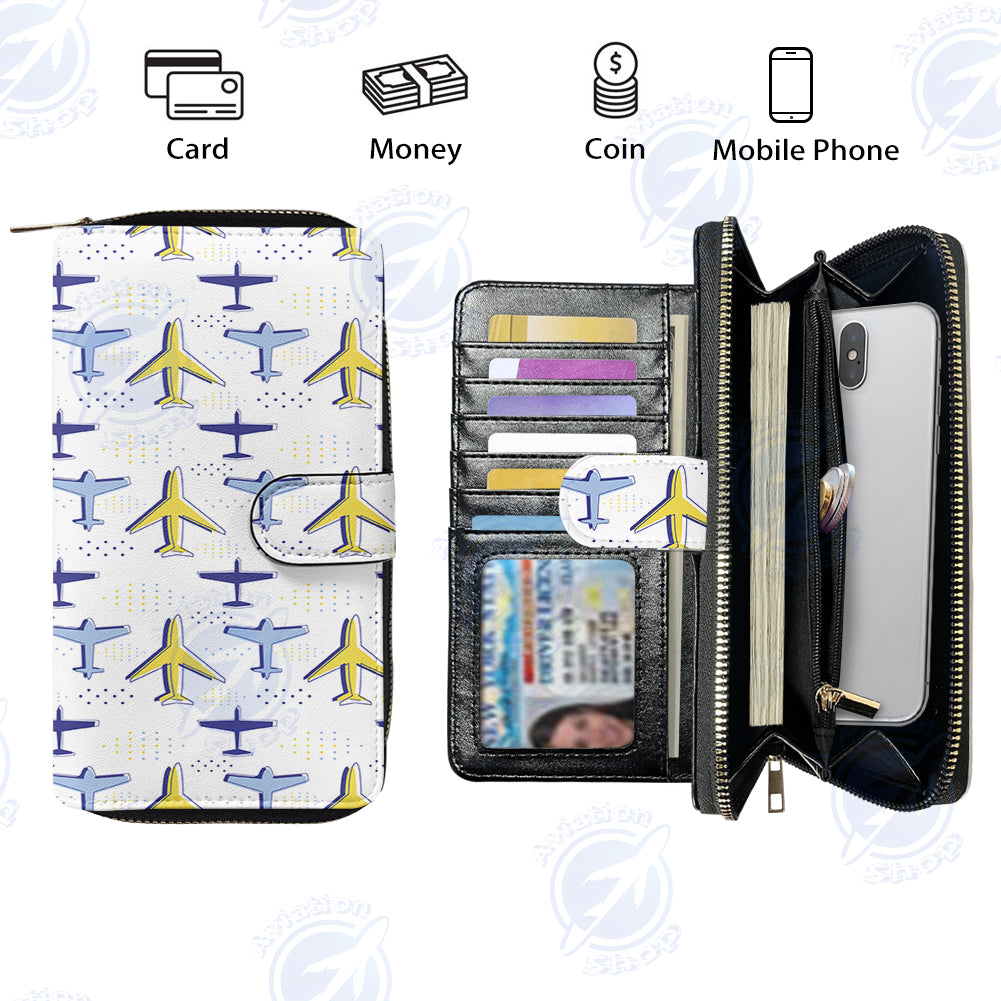 Very Colourful Airplanes Designed Leather Long Zipper Wallets