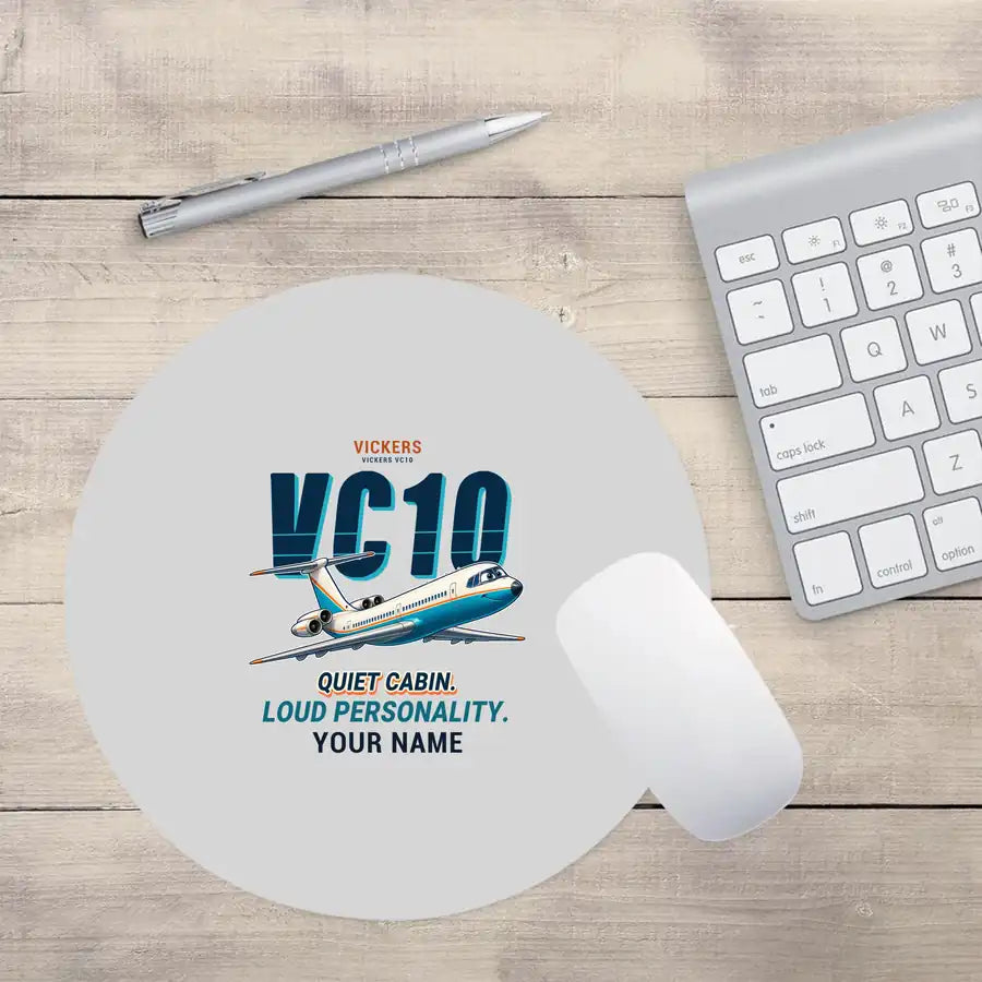 Vickers VC10 - Cartoon + Name - Round Mouse Pad - Light Gray