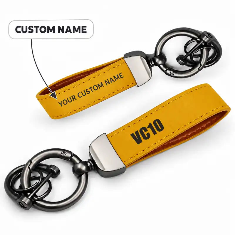 Vickers VC10 - Leather Key Chain - Horseshoe Buckle - Tag - Yellow + Name