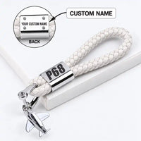 Thumbnail for Vulcanair P.68 - Leather Key Chain - Braided Leather - Tag - White + Name