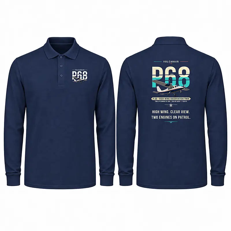 Vulcanair P.68 Premium Polo T-Shirts - Original - Long Sleeve - Dark Blue