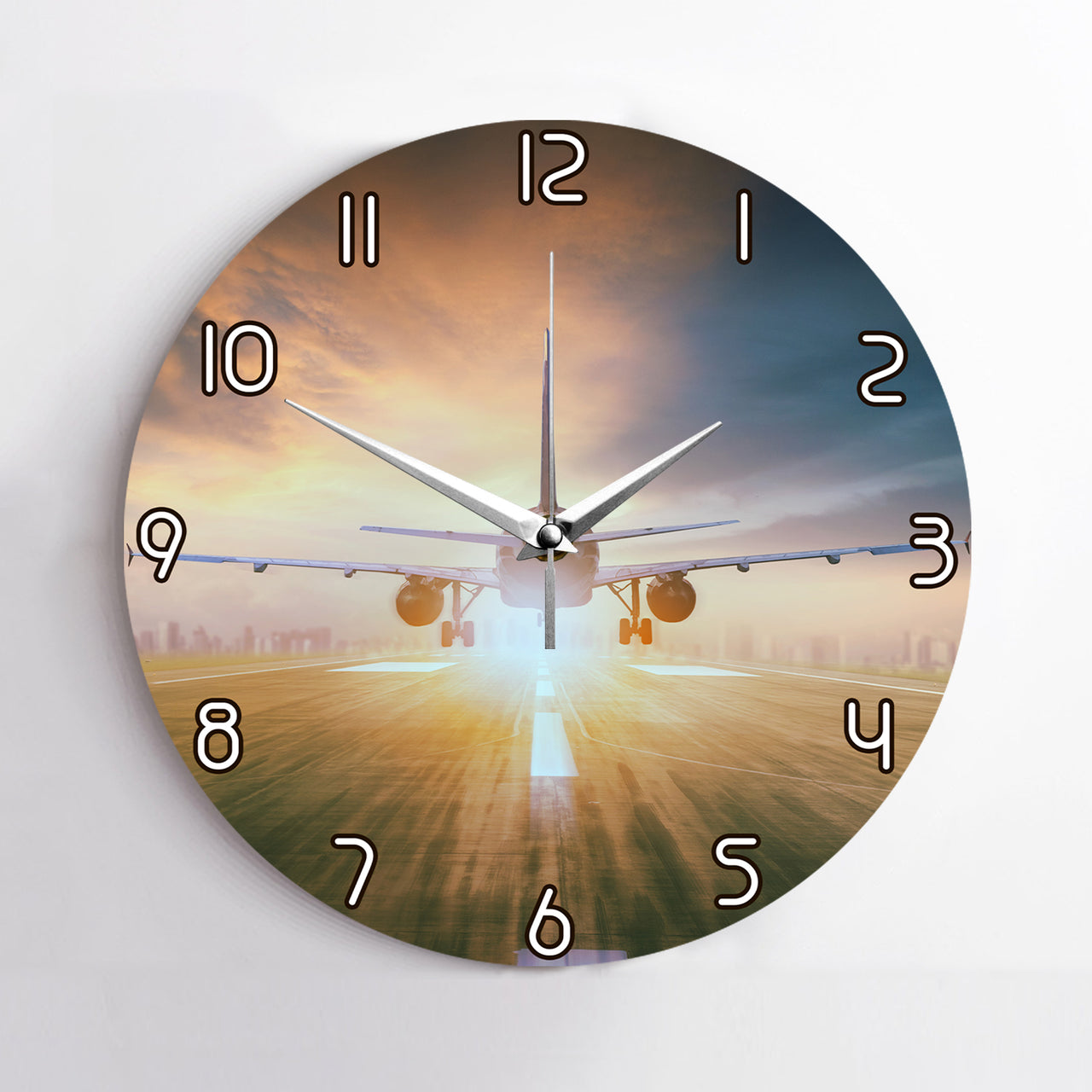Airplane Flying Over Runway Designed Wall Clocks
