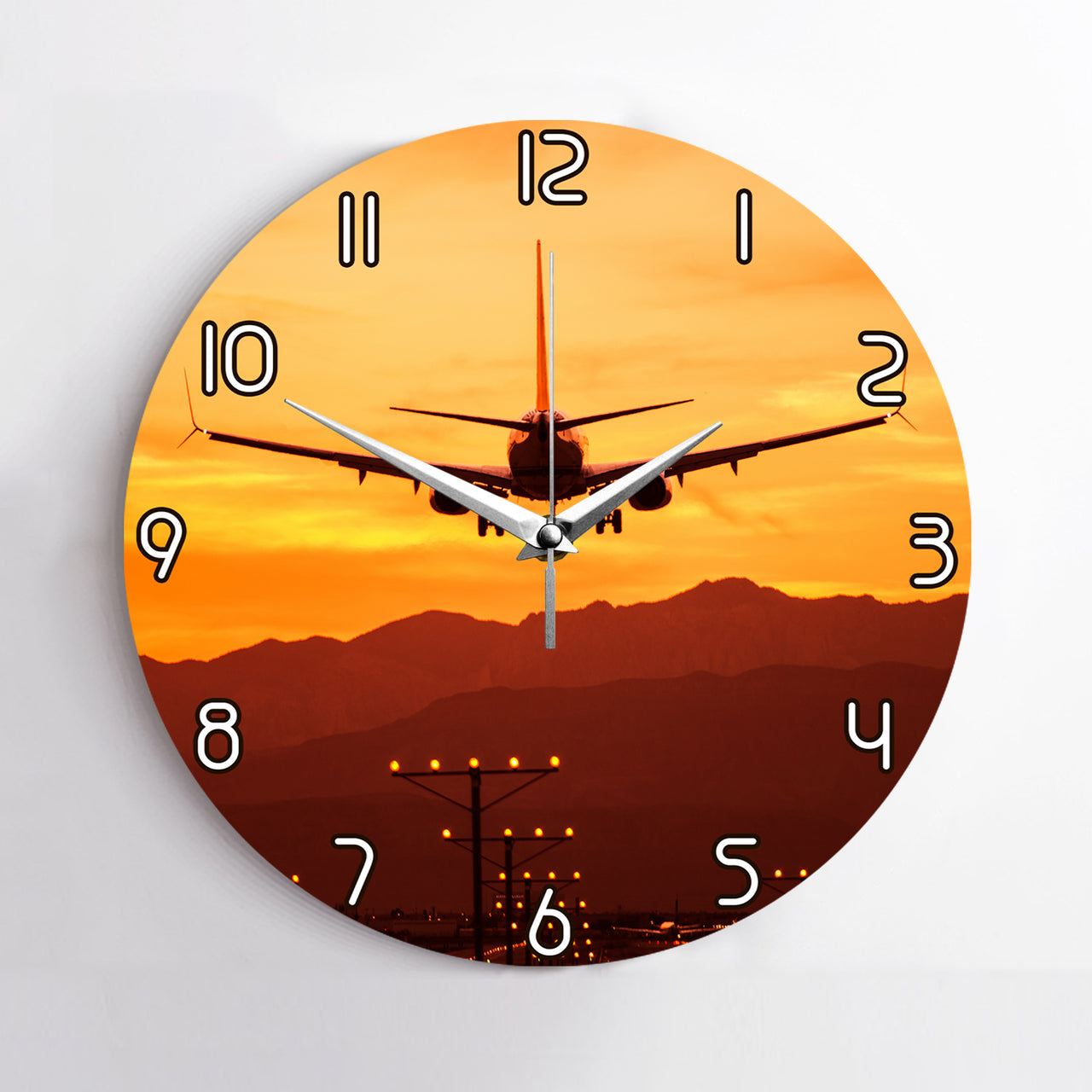 Landing Aircraft During Sunset Printed Wall Clocks