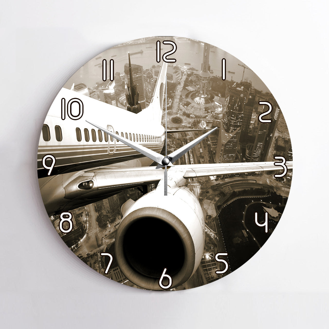Departing Aircraft & City Scene behind Designed Wall Clocks Aviation Shop