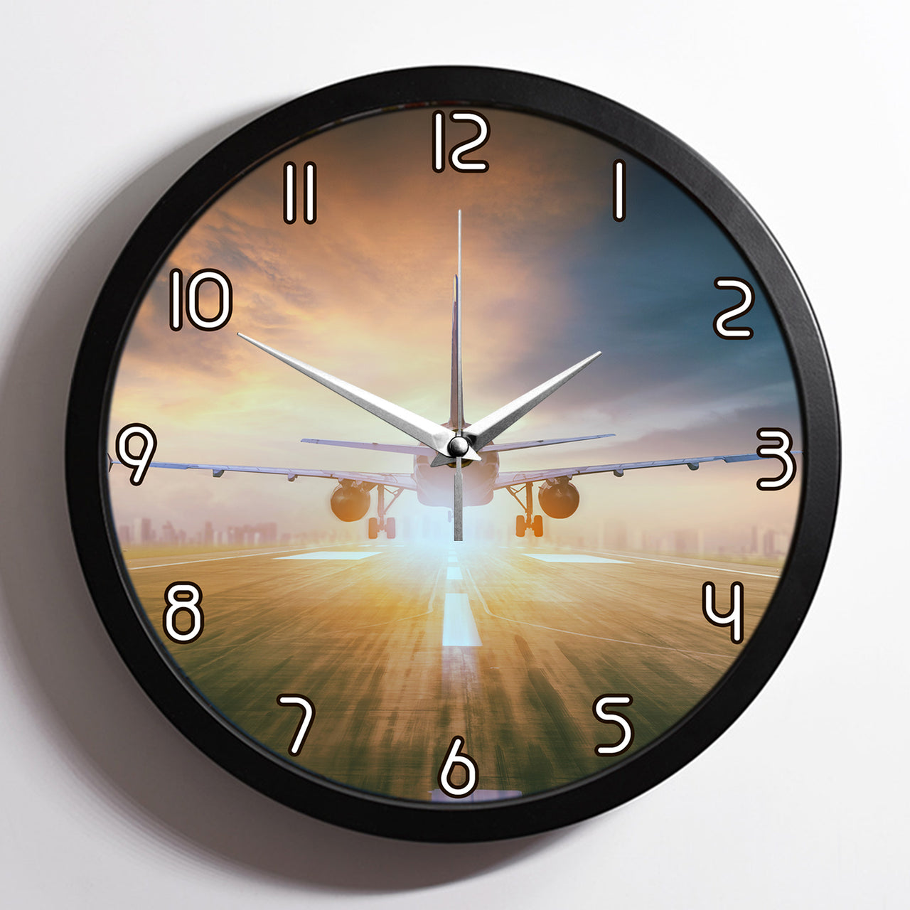 Airplane Flying Over Runway Designed Wall Clocks