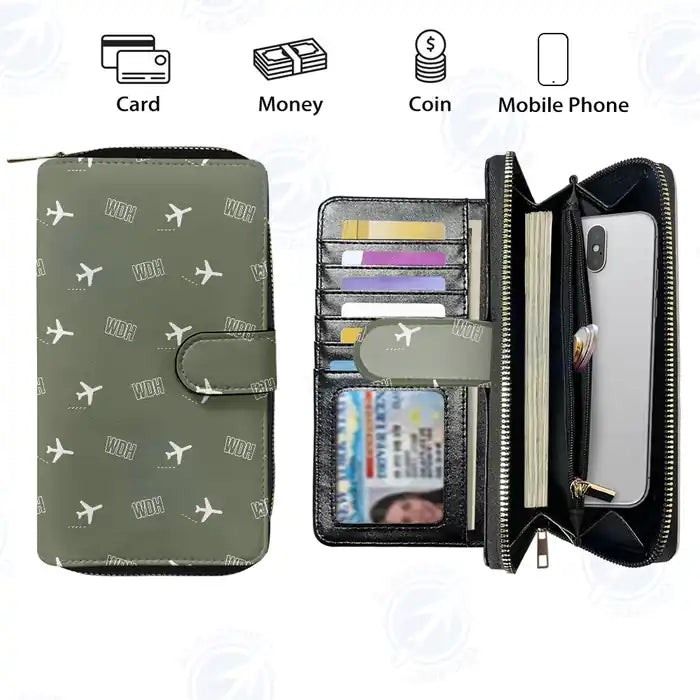 Hosea Kutako International Airport (WDH) Leather Wallets - Zip Long Wallet - Pattern - Green Army
