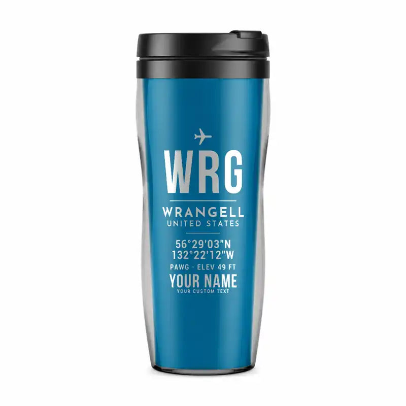 Wrangell Airport (WRG) Travel Mugs - ID Tag + Name - Plastic (No Holder) - Light Blue