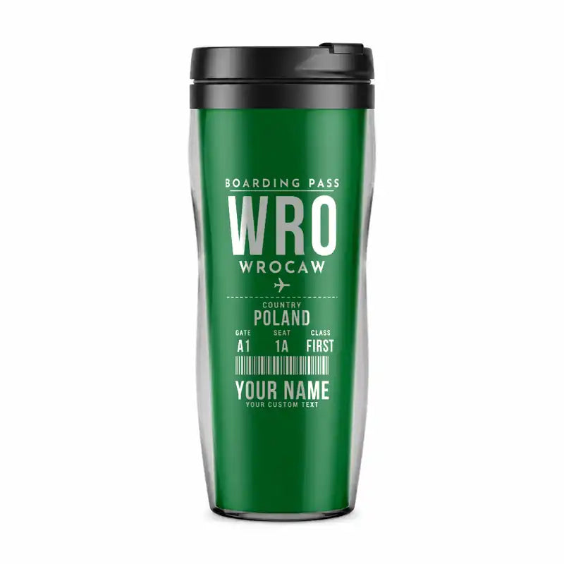 Wrocaw Nicolaus Copernicus Airport (WRO) Travel Mugs - Boarding Pass + Name - Plastic (No Holder) - Green