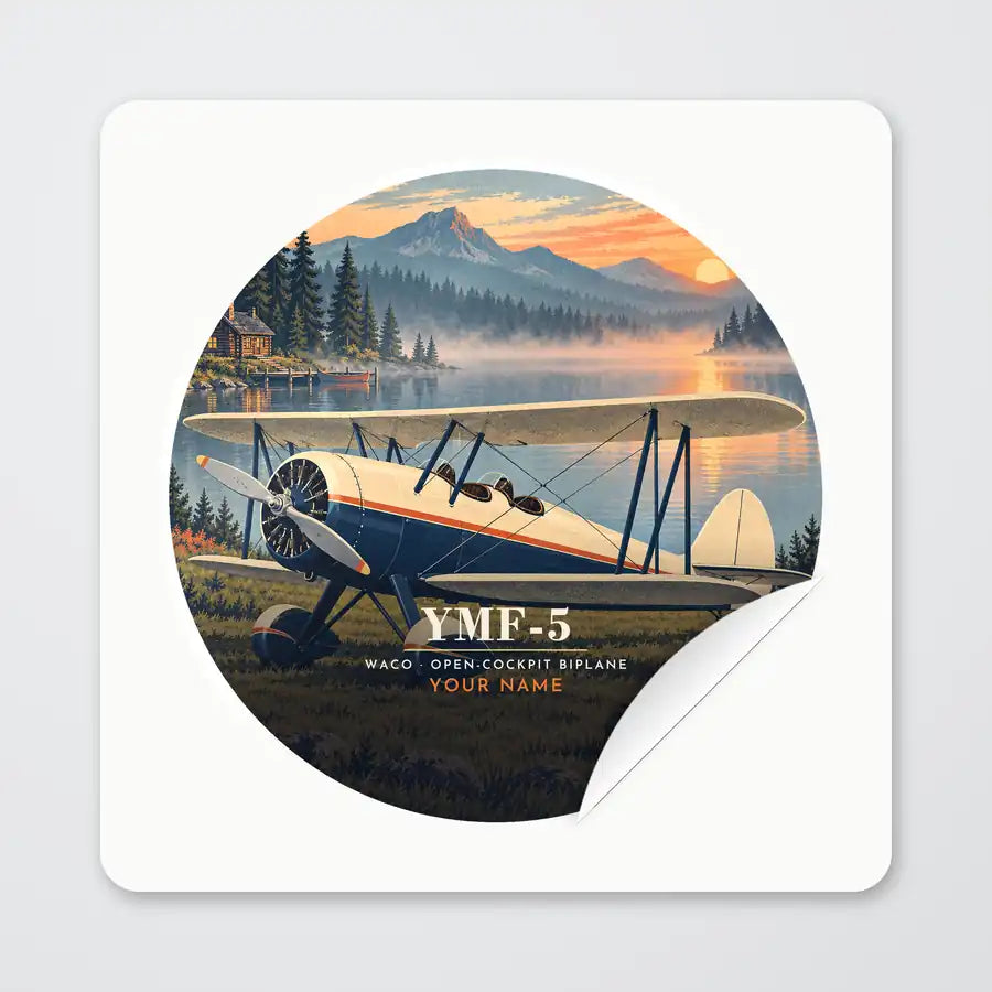 Waco YMF-5 - 3D + Name - Circle Sticker - Peel